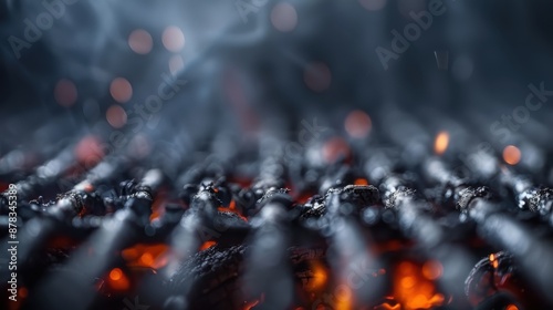 A close-up view of a barbecue grill glowing with hot coals, emitting heat and smoke in a dark setting, capturing the essence of outdoor cooking and grilling.