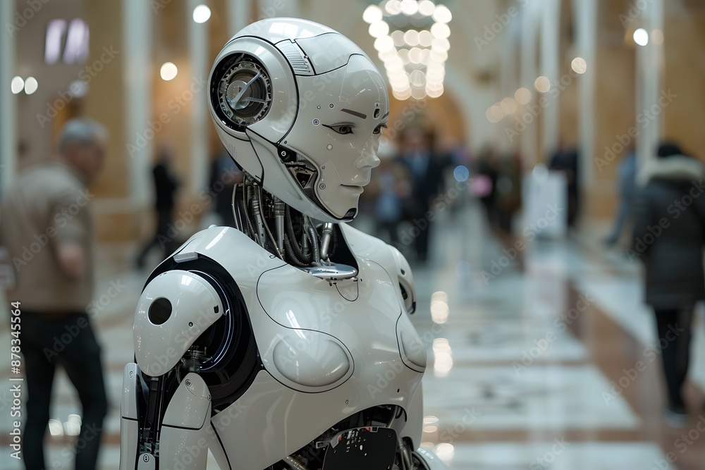 Futuristic Robot in a Modern Hallway with People in the Background Futuristic Robot in a Modern Hallway with People in the Background