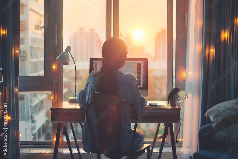 Young woman sitting on the chair while using laptop and looking out the window at sunset
Young woman sitting on the chair while using laptop and looking out the window at sunset