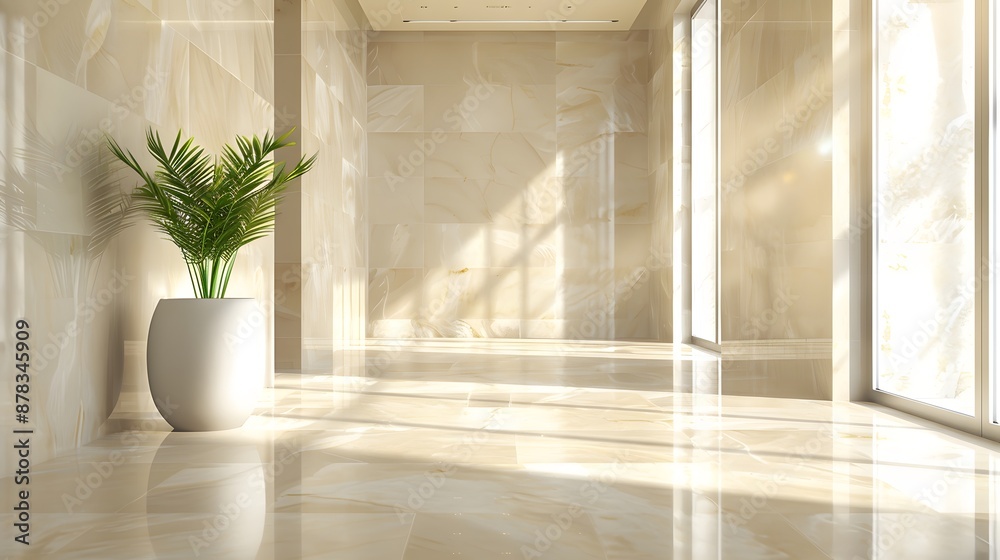 Fototapeta premium An unoccupied hallway with sleek marble flooring and neutral-colored walls, completely free of decorations, equipped with a broad window on the right side casting gentle natural light.