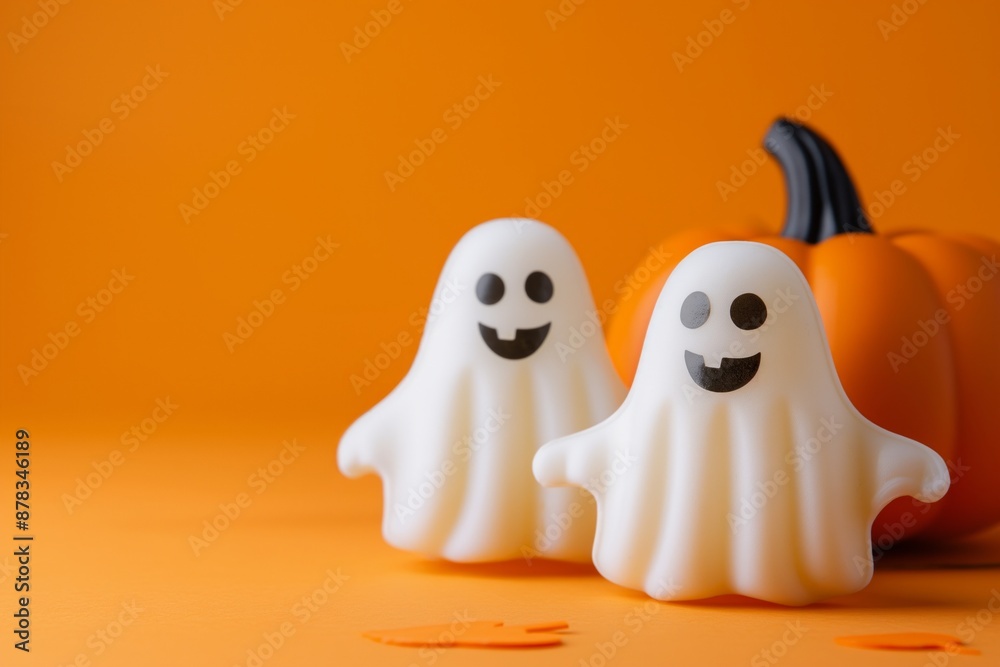 Two friendly ghosts with a pumpkin on an orange backdrop, perfect for Halloween Two friendly ghosts with a pumpkin on an orange backdrop, perfect for Halloween