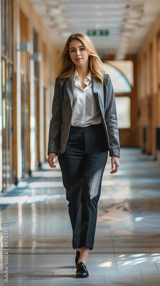 Fototapeta premium a beautiful young business woman dressed in a professional suit walks down the corridor of her company, pictured from the front