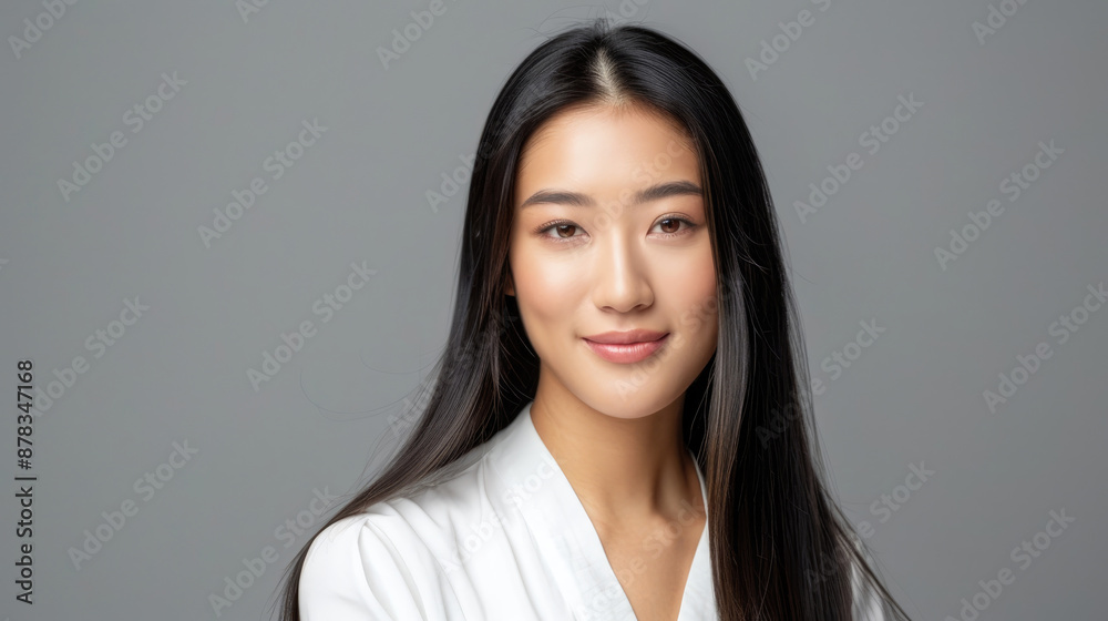 A beautiful Chinese woman with long hair, posing for the camera in white and smiling at her face A beautiful Chinese woman with long hair, posing for the camera in white and smiling at her face