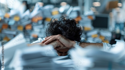 A visibly exhausted person rests their head on their desk, surrounded by heaps of documents and paperwork, depicting intense workplace stress, burnout, and physical fatigue. photo