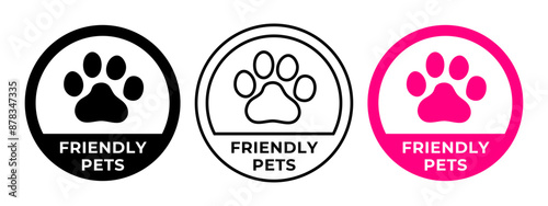 Friendly pets label. Animals shelter logo. Contact zoo colored vector illustration. Dogs and cats paw label, emblem, badge, sign, symbol, stamp or seal. Vet clinic logotype