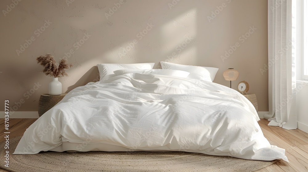 Stylish bedroom with a large, comfortable bed and crisp white linens, complemented by light wooden flooring and a neutral wall palette. Stylish bedroom with a large, comfortable bed and crisp white linens, complemented by light wooden flooring and a neutral wall palette.