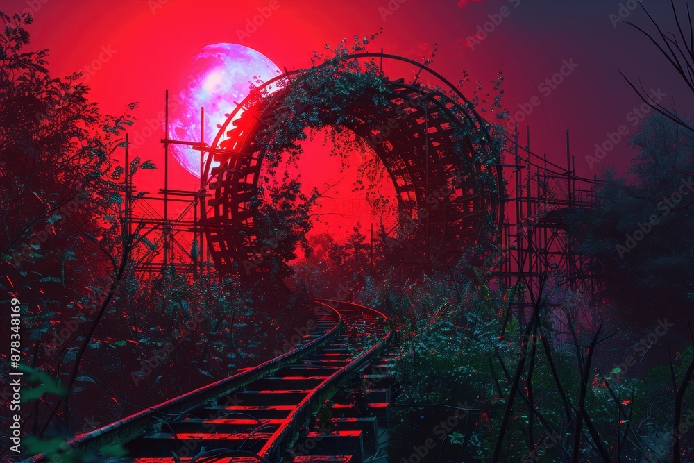 Fototapeta premium A ruin of broken roller coaster in the abandoned amusement park