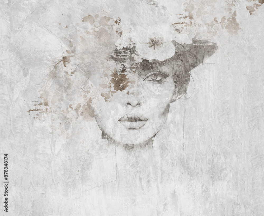Fototapeta Spetcacular woman with hat. Illustration for mural, wallpaper, poster, decoration.