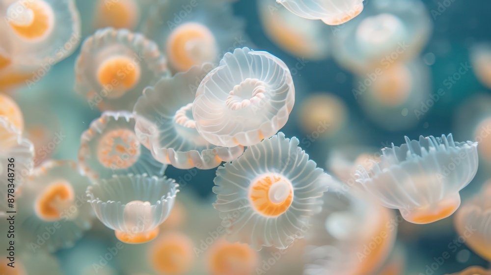 Close Up of Translucent Jellyfish With Orange Centers Floating in Water Close Up of Translucent Jellyfish With Orange Centers Floating in Water
