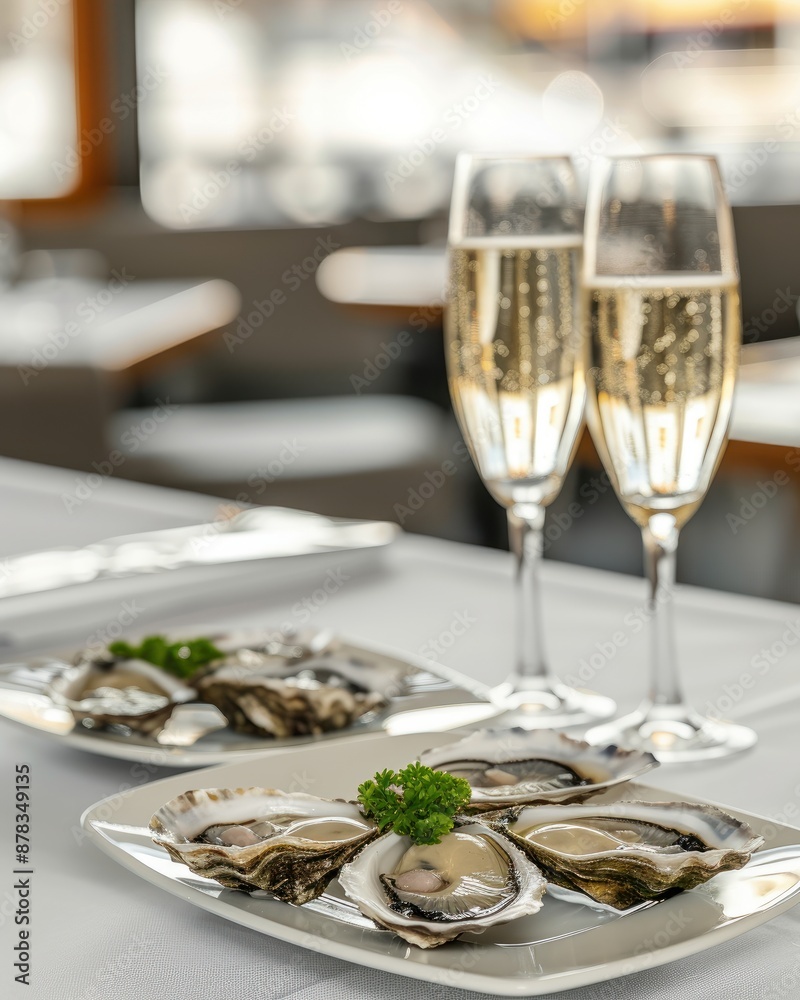 Fresh oysters with champagne at a restaurant Fresh oysters with champagne at a restaurant