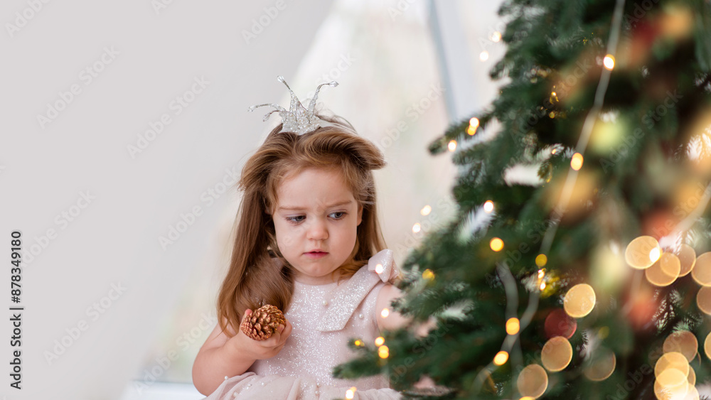 Beautiful little girl in an elegant dress stands near and hangs Christmas tree toys, celebrating the New Year at home. New Year's interior. Beautiful little girl in an elegant dress stands near and hangs Christmas tree toys, celebrating the New Year at home. New Year's interior.
