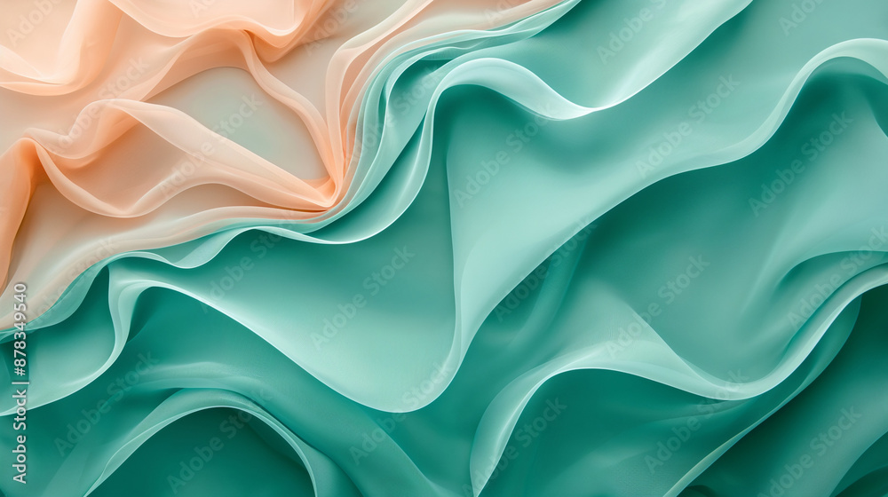 Obraz premium Background. Organza waves in turquoise and coral colors, flowing curves, ai generative