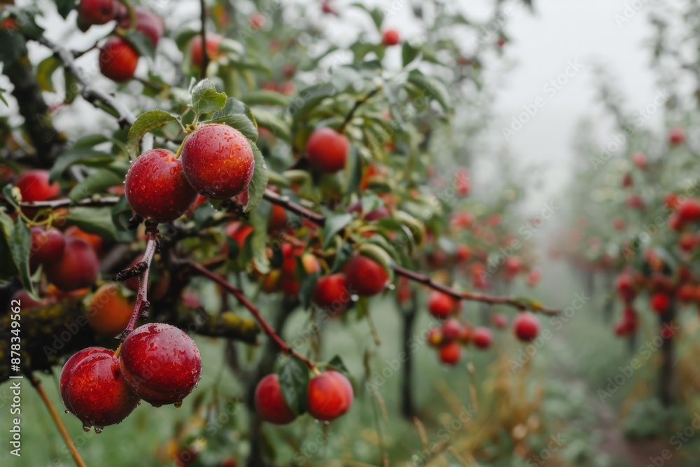 This image captures a close-up view of ripe red apples hanging from a tree, covered in raindrops, emphasizing the freshness and abundance of the orchard This image captures a close-up view of ripe red apples hanging from a tree, covered in raindrops, emphasizing the freshness and abundance of the orchard