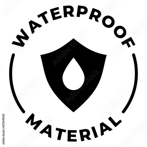 Waterproof material icon. Water resistant label. Rain protection vector illustration. Anti moisture fabric emblem, badge, sign, symbol or stamp. Shield with water drop seal. Wet protection.