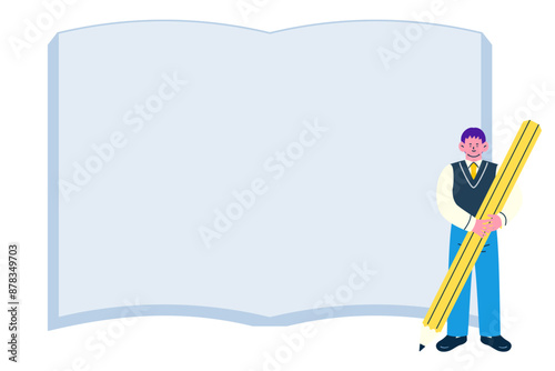 大きな鉛筆を手に持った制服姿の男子学生と、本のフレーム背景