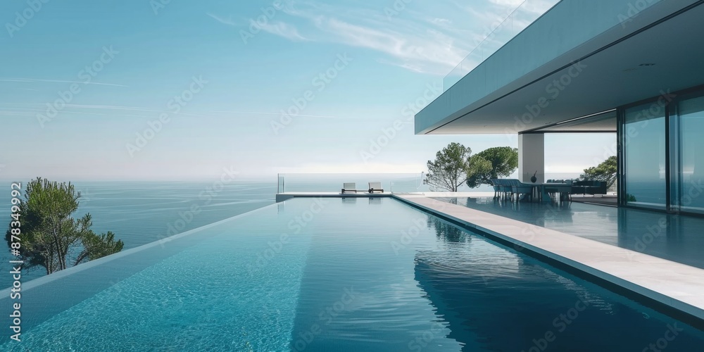 Fototapeta premium Luxurious Villa with Infinity Pool Overlooking the Ocean, Capturing Abstract Wealth Concept. Stunning Wallpaper Ideal for Summer Vacation, Retirement, Leisure, and Holiday Bestsellers. Abstract Paradi