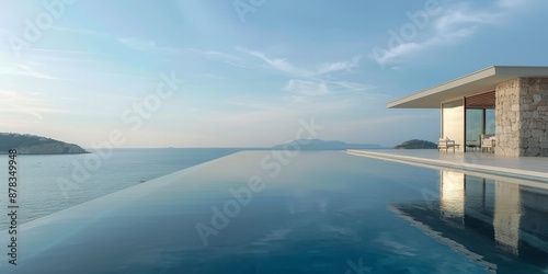 Luxurious Villa with Infinity Pool Overlooking the Ocean, Capturing Abstract Wealth Concept. Stunning Wallpaper Ideal for Summer Vacation, Retirement, Leisure, and Holiday Bestsellers. Abstract Paradi © Da