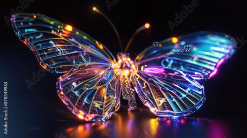 Glossy neon butterfly with a glassy appearance, highlighted on a black background, radiating vibrant colors