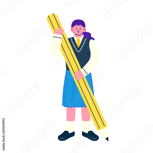 大きな鉛筆を手に持った制服姿の女子学生