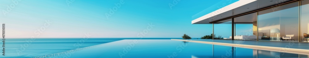 Fototapeta premium Luxurious Villa with Infinity Pool Overlooking the Ocean, Capturing Abstract Wealth Concept. Stunning Wallpaper Ideal for Summer Vacation, Retirement, Leisure, and Holiday Bestsellers. Abstract Paradi