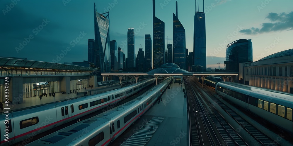 Naklejka premium A cutting-edge futuristic railway station with sleek trains and advanced technology, surrounded by towering skyscrapers under a twilight sky.