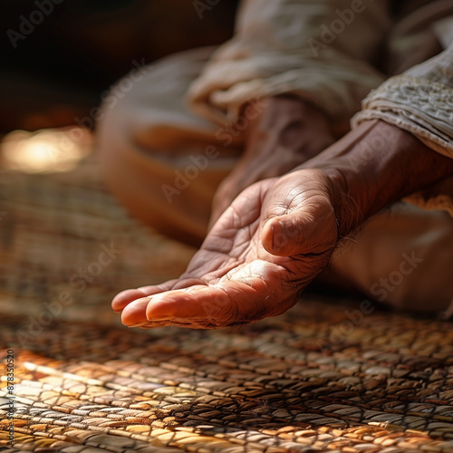 A hand is raised in the air, with the fingers spread out. Concept of peace and serenity, as if the person is offering a gesture of goodwill or gratitude