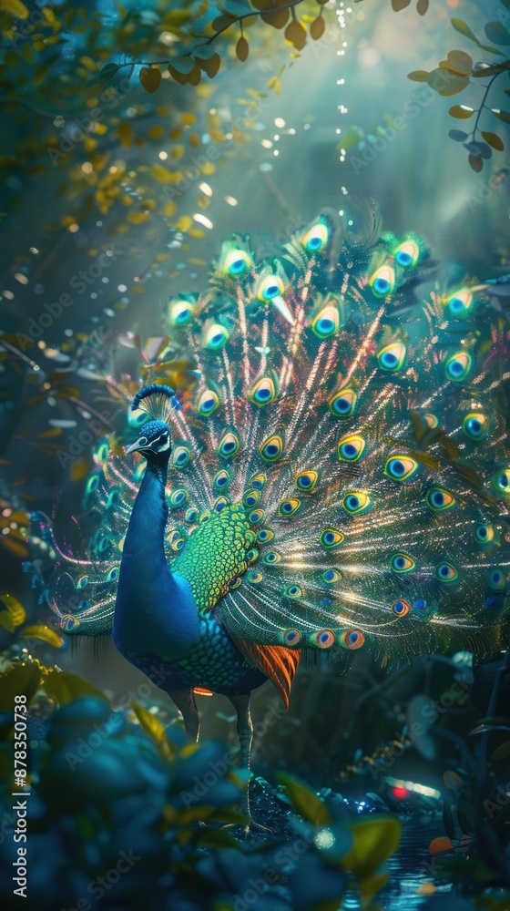 Obraz premium Majestic Peacock Displaying Vibrant Plumage in a Lush, Sunlit Jungle Setting Surrounded by Dense Foliage and Reflecting on a Serene, Tranquil Pool