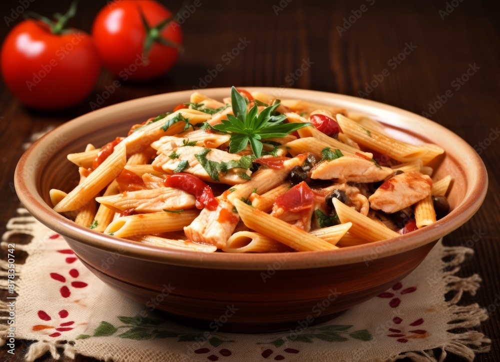 A plate of penne pasta with chicken and tomatoes garnished with fresh basil leaves. A plate of penne pasta with chicken and tomatoes garnished with fresh basil leaves.