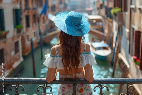 Woman in Blue Hat Enjoying Scenic Canal View in Venice