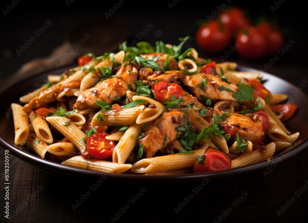 A plate of penne pasta with chicken and tomatoes garnished with fresh basil leaves. A plate of penne pasta with chicken and tomatoes garnished with fresh basil leaves.