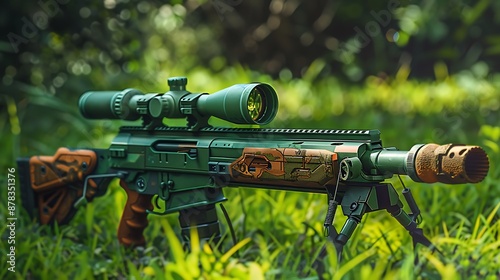 Rifle with green machine gun on the verdant lawn very detailed and realistic shape