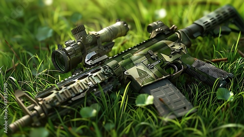 Rifle with green machine gun on the verdant lawn very detailed and realistic shape