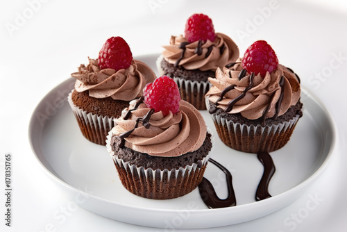 Sophisticated Devil's Food Cupcakes with Fresh Raspberries and Chocolate Sauce