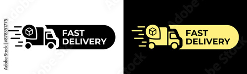 Fast delivery label. Fast shipping vector illustration. Fast transportation icon. Cargo truck emblem. Courier delivery postage stamp.