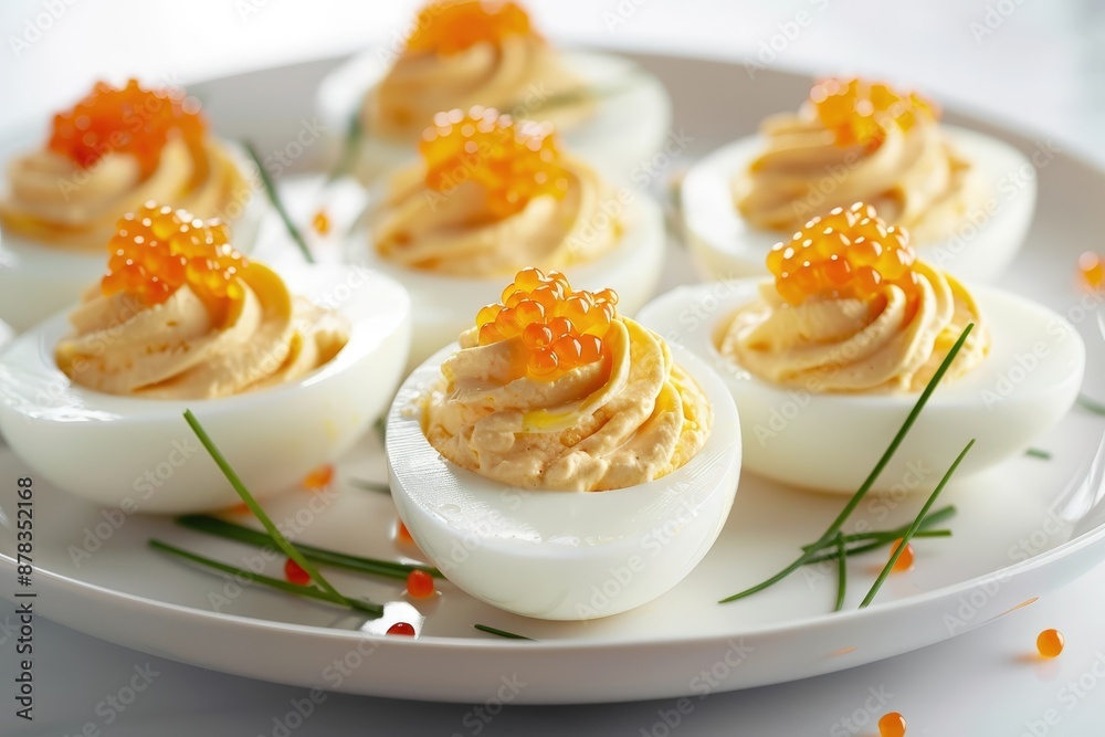 Refined Deviled Eggs with Delicate Chive Pieces and Caviar Refined Deviled Eggs with Delicate Chive Pieces and Caviar