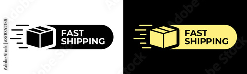 Fast shipping label. Fast delivery vector illustration. Fast transportation icon. Packaging shipment emblem. Cardboard box delivery postage stamp.