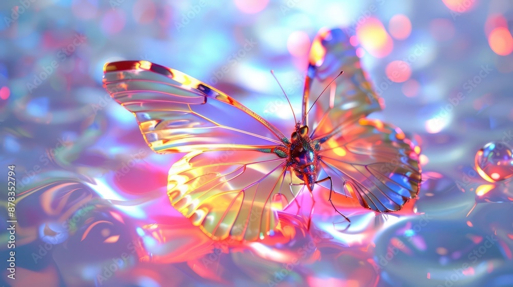 Neon-glossy butterfly with a glass-like finish on a pearl white background, glowing with vivid, colorful reflections Neon-glossy butterfly with a glass-like finish on a pearl white background, glowing with vivid, colorful reflections