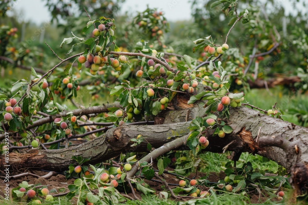 A fallen apple tree with ripe apples scattered on the ground, surrounded by green grass, signifying damage perhaps due to a storm or strong winds