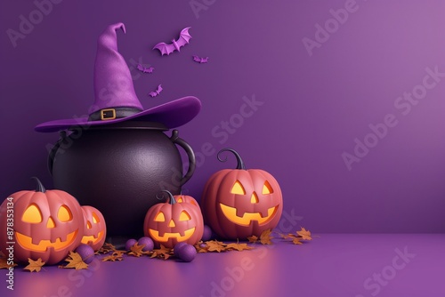 Magical Halloween scene with a witch's hat, pumpkins, and purple ambiance