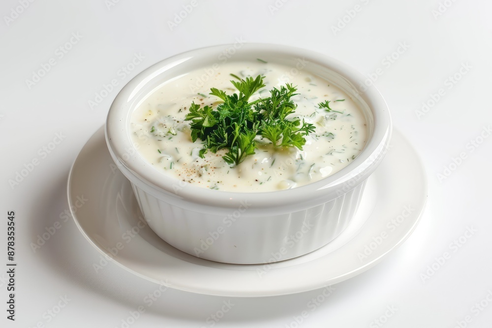 Pristine White Bowl Diamond Sevens Ranch Dressing Garnished with Fresh Herbs Pristine White Bowl Diamond Sevens Ranch Dressing Garnished with Fresh Herbs
