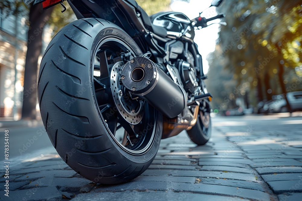 Sleek Motorcycle Parked on a Cobblestone Street Sleek Motorcycle Parked on a Cobblestone Street