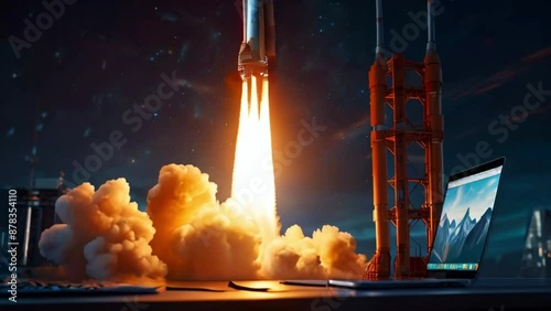 A rocket is launching from a launch pad. There is a laptop on the launch pad next to the rocket. photo