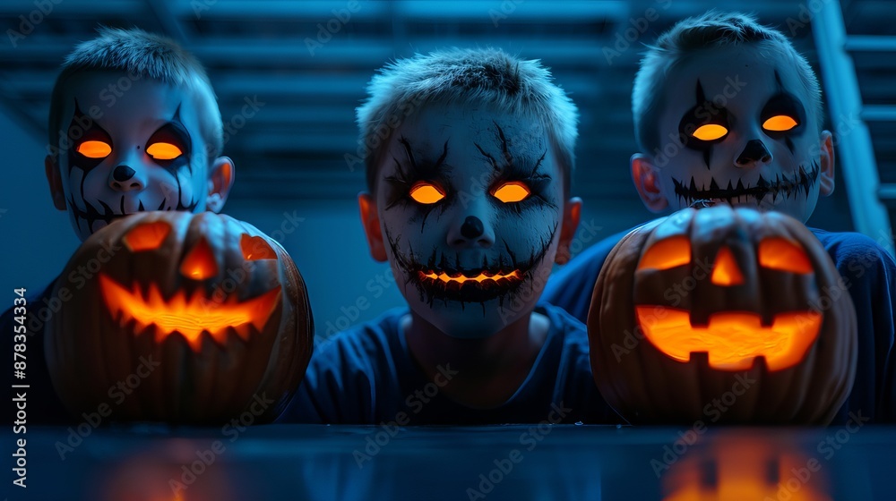 Three children with painted faces and glowing pumpkin lanterns celebrate Halloween in a spooky atmosphere. halloween Three children with painted faces and glowing pumpkin lanterns celebrate Halloween in a spooky atmosphere. halloween