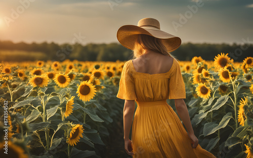 Woman with wide-brimmed hat and sundress walking through sunflower field photo