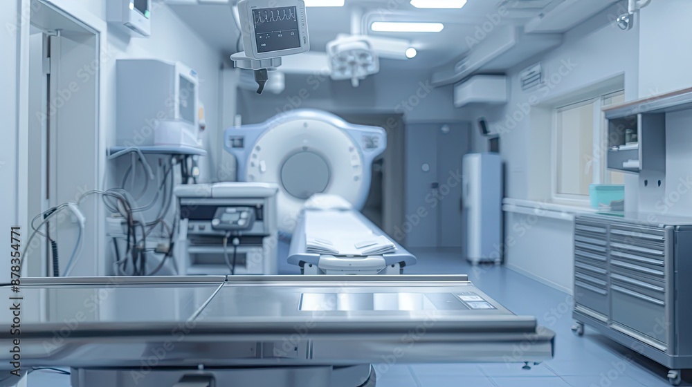 Modern X-ray machine in a radiology room, with control panel visible Modern X-ray machine in a radiology room, with control panel visible