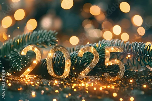 glowing bright numbers 2025 on golden bokeh background, festive greeting card and new year concept	
