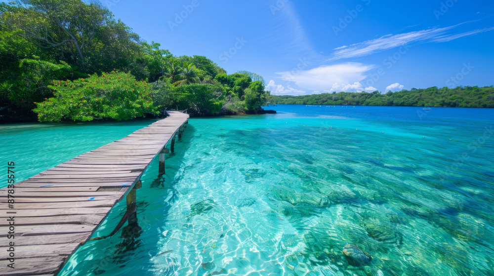 Explore a crystal-clear lagoon and wooden pier in a dense jungle oasis. Explore a crystal-clear lagoon and wooden pier in a dense jungle oasis.