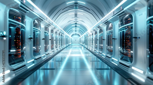 Futuristic interpretation of a mainframe computer room. Generative AI.