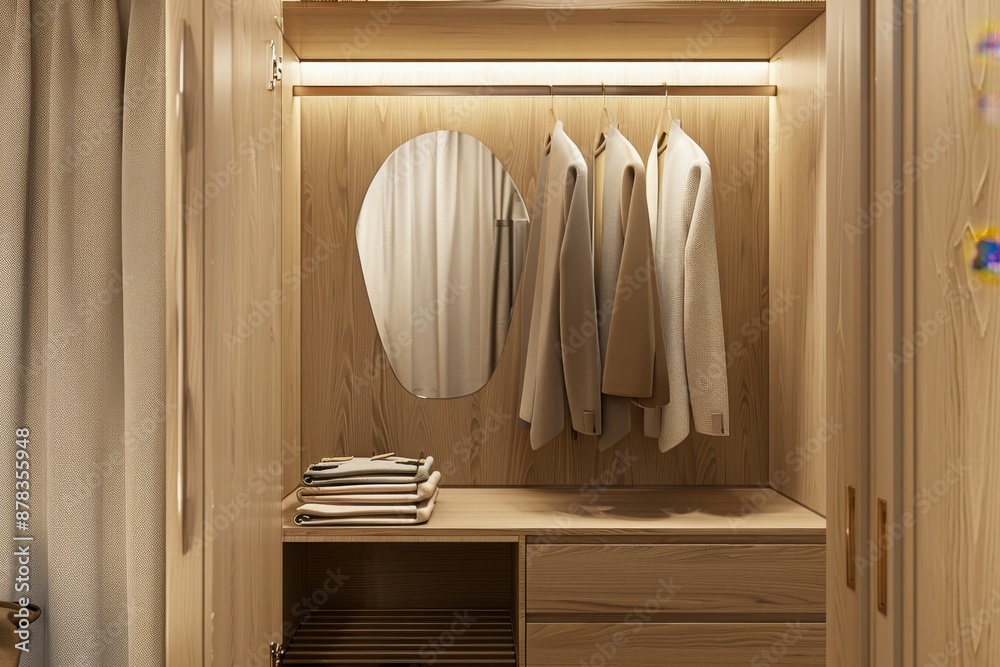 Minimalist wardrobe interior design with a wooden cabinet, mirror and on hangers at home or apartment background Minimalist wardrobe interior design with a wooden cabinet, mirror and on hangers at home or apartment background