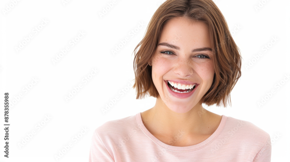 Cheerful female with bright smile wearing casual dress on white background. Cheerful female with bright smile wearing casual dress on white background.